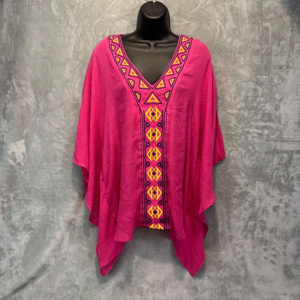 Umgee Pink Embroidered Boho Tunic Poncho Top Large Magenta Geometric